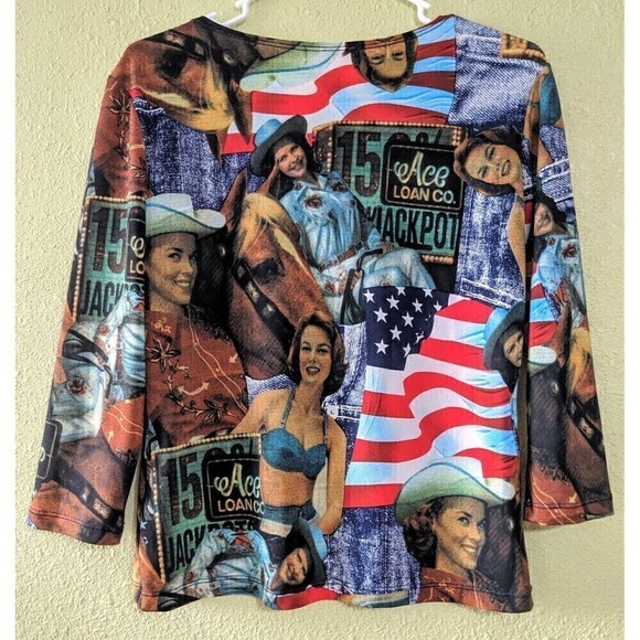 Jessica Max Vintage 90's Western Pinup pullover stretchy shirt  Size M - Picture 2 of 7